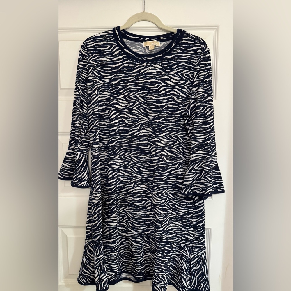 Michael Kors Navy and White Patterned Long Sleeve Dress